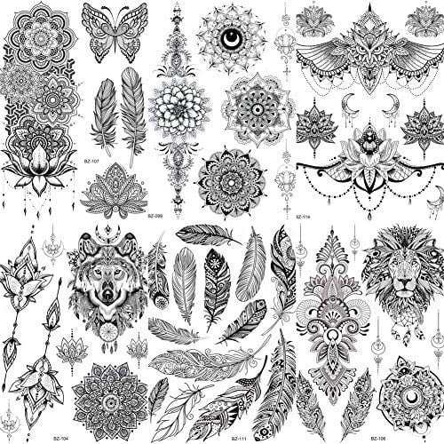 COKTAK 6 Stück/Lot Einzigartige Schwarze Henna Temporäre Tattoo Aufkleber Für Erwachsene Frauen Mädchen Feder Mandala Blume Körperkunst Große Große Arm Tattoos Blatt Spitze Indische Mehndi Sexy