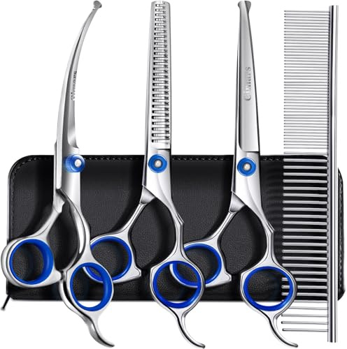 Gimars Professionelle 5-in-1 Fellschere für Hunde, 4CR mit runder Sicherheitsspitze, robuste Titanbeschichtung, gerade und Effilier- und gebogene Schere