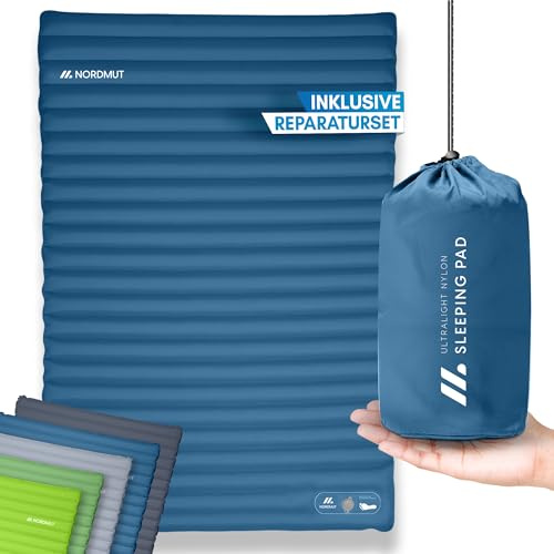NORDMUT® Isomatte Selbstaufblasend 2 Personen - Outdoor Matratze 10cm Ultra komfortabel - Luftmatratze Selbstaufblasend für kinderleichtes aufpumpen - Wetterbeständige Camping Matratze (Blau)