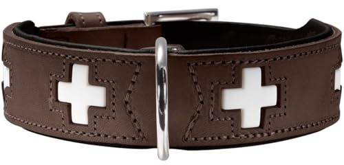 HUNTER Hundehalsband SWISS, hochwertiges Rindsleder, handgenäht, schweizer Kreuz, elegantes Design, angenehm weich, komfortabel, langlebig, Made in Germany, Farbe: braun/schwarz, Größe: 60