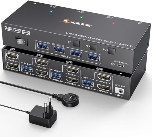 HDMI KVM Switch 3 PC 2 Monitore 4K@60Hz, Simulation EDID | Camgeet USB 3.0 Dual Monitor KVM Switch für 3 PC Teilen 2 Monitor und 4 USB Geräte, KVM Umschalter 3 Port mit Wired Remote