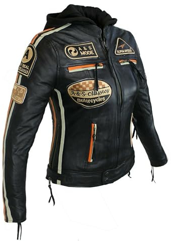 Damen Motorradjacke Lederjacke Damen Jacke mit Protektoren Lederjacke mit Kapuze Leather Jacket Biker Jacket Custom Jacke (DE/NL/SE/PL, Alphanumerisch, M, Regular, Regular, Orange gestriffen)