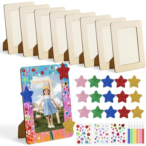 FYSL 8er-Set Holzbilderrahmen zum Bemalen für Kinder (14x19cm) | Bilderrahmen Bastelset mit 6 Wasserfarben, Glitzersteinen | Kreativ-Set zur Selbstgestaltung