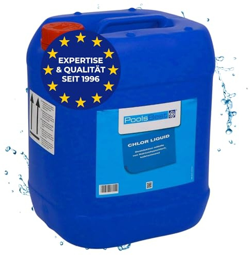 PoolsBest Chlor Flüssig 24,5kg - Anorganisches Chlor-Reinigungsmittel mit 13% Aktivchlor - hochwertiges Flüssigchlor zur Desinfektion - Poolpflege ohne Cyanursäure - Natriumhypochlorit Poolreiniger