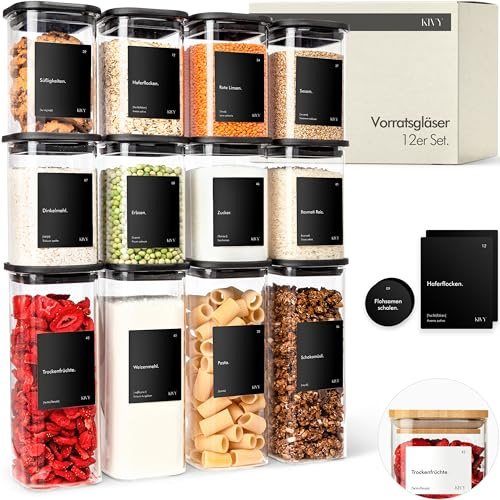 KIVY Vorratsgläser eckig [12er Set] + Etiketten - Stapelbare & Luftdichte Aufbewahrungsgläser mit Deckel - Schwarze Vorratsgläser mit Deckel Luftdicht - Vorratsdosen Glas Aufbewahrung