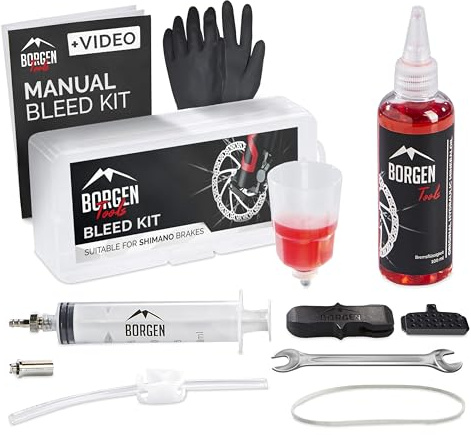 Borgen Entlüftungsset für Shimano Scheibenbremsen - Entlüftungskit mit Anleitung für Deore, Dura Ace, Saint, XT UVM. - inkl. 100ml Mineralöl Bremsflüssigkeit, Trichter, Spritze und Adapter