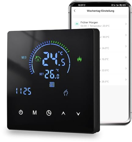 Arpokcoe Thermostat Fussbodenheizung Für Wasser, WiFi Raumthermostat | Thermostate Fußbodenheizung Kompatibel mit Tuya, Alexa, Google Home, 230V 3A, Schwarz