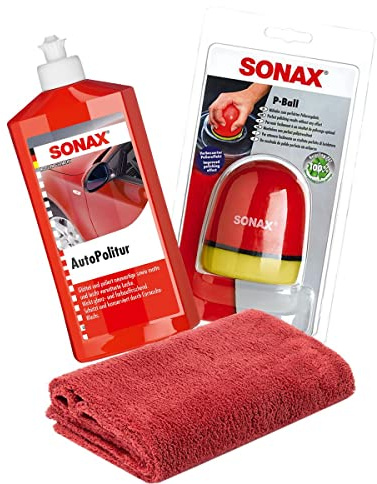 detailmate SONAX Handpolierset - Autopoliermittel für Farb- und Metalliclacks 500ml + P-Ball Ergonomischer Polierball Edgeless Mikrofaser Poliertuch 550GSM Rot