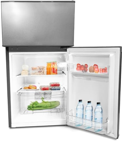YUNA Kühl-Gefrierkombination GK85E-IX | 85cm Höhe | Inox-Look |‎ 84 Liter Nutzinhalt |4*Gefrierfach 25 L | LED-Beleuchtung | Single/Büro Kühlschrank | 2 Böden | 2 Türfächer (Effizienz E)