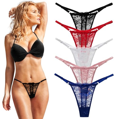 FUIPVGI 5 Stück Tanga Damen Set, Spitze Unterhosen Sexy Unterwäsche, G String, Niedriger Leibhöhe Sportbund Thongs for Women Dessous Mehrpack (5 Farben, Einheitsgröße)