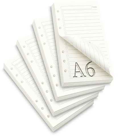 TXXATX Ringbucheinlagen A6 Nachfüllpapier 4 Pack Nachfüllbar Liniert 180 Blatt 6 Löcher Ringbuch Notizpapier Refill Paper für To Do Liste Planer Studium Kalendereinlagen Reiseplanung Tagesplan