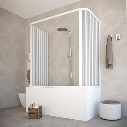 Badewannenabtrennung, 3 Türen, halbtransparente Paneele, weiße Profile, Modell Julia (70 x 170 x 70 cm)