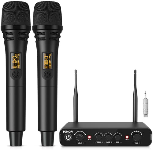 TONOR Dual Funkmikrofonen System kabellos, drahtloses Karaoke Mikrofon Set Wireless Microphone Handmikrofon dynamisch mit Empfänger, 60 m für Hochzeit Party Kirche Vortrag Bühne Reden TW350 Schwarz