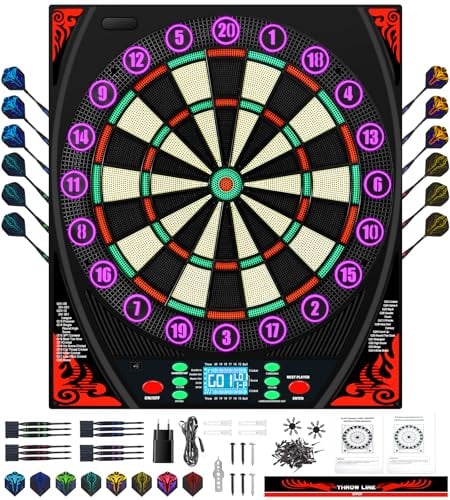 Mejasg Dartscheibe Elektronisch mit Deutsche Stimme&Beleuchteter Zahlenring | Beleuchteter Zahlenring in 9 Farben(Ein/Aus), 34 Spiele & 369 Variationen, Electronic Dart Board für Zuhause Büro 1-8 Spieler