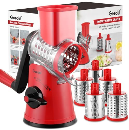 Geedel Käsereibe mit Kurbel, Gemüsereibe mit 5 Trommelmessern, Reibe für Gemüse Gemüsehobel für Käse, Gurken, Kartoffeln, Karotte Nüsse, Eiscrusher für Smoothies, Eiscreme, Küchen Gadgets （Rot）