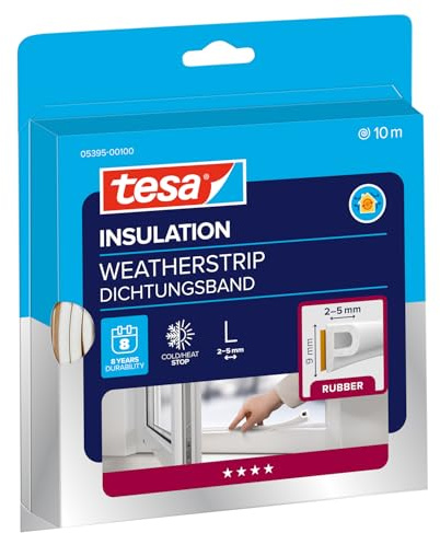 tesa INSULATION Gummidichtung L - Selbstklebende Dichtung zum Isolieren von Spalten an Fenstern und Türen - Weiß - 10 m x 9 mm x 5,5 mm