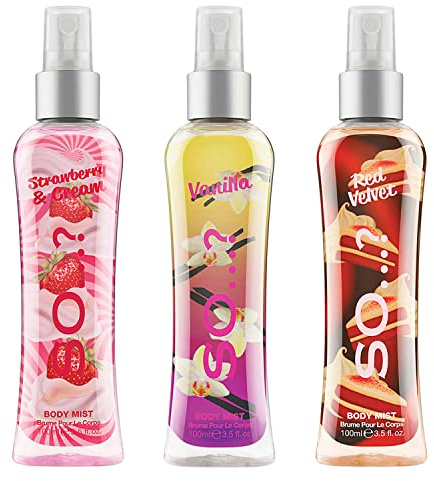 Body Mist By So…? Damen Körpernebel Vanilla, Red Velvet, Strawberries & Cream Körperspray Gemischte Duftbündel 100ml (3er-Pack)