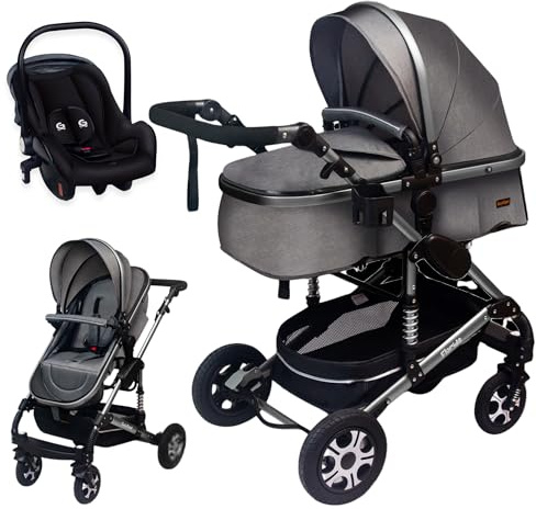GaGaDumi Florida Kinderwagen 3 in 1 Komplettset mit Autositz - Baby Stroller TÜV - Kombikinderwagen Komplettset Voll-Gummireifen - Wickeltasche Grau/Silber