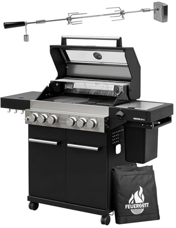 Feuergott Gasgrill Hektor 4B-S inkl. Drehspieß und Abdeckhaube mit 4 Brennern, Sear-Brenner, Gusseisen-Grillrost, Heckbrenner, Seitenkocher, Sichtfenster und Thermometer für Garten und Terrasse