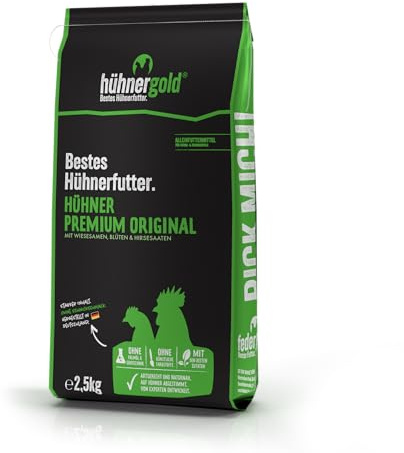 hühnergold Hühner Premium 2,5 kg – Alleinfutter für Hühner, Enten & Gänse mit Kräutern, Gemüse & Mineralgrit – für stabile Eierschalen, kräftige Eidotter & gesunde Hennen – natürlich & ohne Zusätze