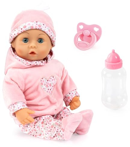 Bayer Design 93824CR Babypuppe interaktiv, Spielpuppe sprechend, weicher Körper, Schnuller, Flasche, 38 cm, Rosa, Altrosa