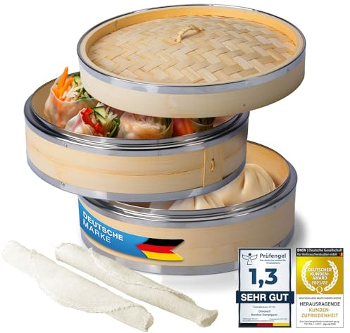 Dimono® Dampfgarer Bambus mit Edelstahl, 2 Etagen Bambus-Dämpfer mit Deckel, Dampfkorb Reiskocher für Sim Sum Dumplings, Gemüse, Reis, Fleisch und Fisch (Ø 24 cm)