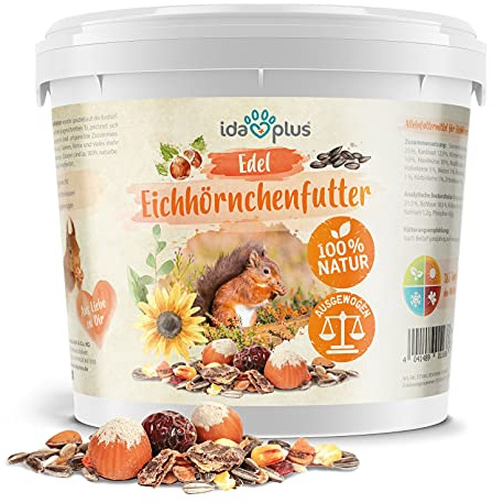 Ida Plus Edel Eichhörnchenfutter - 1000 g - Reich an Nüssen & Früchten - Ganzjahres Futter im Eimer - für Eichhörnchen & Streifenhörnchen - 100% natürlich & ausgewogen