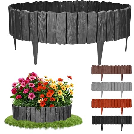 GARDENIX 2.3m Holzoptik Rasenkante Kunststoff 4 Module - Beetumrandung Garten, Beeteinfassung Anthrazit, Beetbegrenzung, Flexible Blumenbeet Umrandung, Beetzaun, Gartenpalisade Holz, Beetkanten