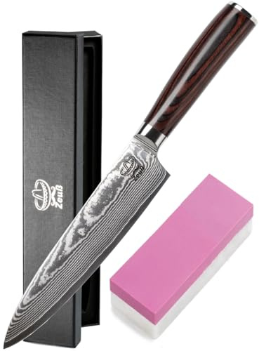 ZEUß Damastmesser XL 32 cm Chefmesser aus echtem 67 Lagen Damaststahl | 62±2 HRC TÜV-geprüfter, optimierter VG-10 Stahl | Damast Küchenmesser mit Schleifstein, Klingenschutz & Geschenkbox