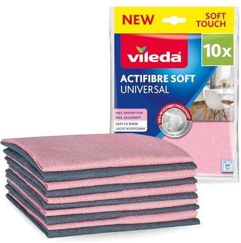 Vileda Actifibre Soft Universal Mikrofasertücher, 10er Set, Rosa & Grau | Streifenfreie Sauberkeit | Saugstark dank 100% Mikrofaser | 270x320mm | waschbar bis 60° C | für Glas, Edelstahl und Fliesen