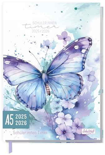 Schulstuff Schüler-Timer 2025/2026 A5 - organisiert durchs neue Schuljahr - Flexocover Schülerkalender, Schülerplaner, Hausaufgabenheft "Butterfly" - nachhaltig & klimafreundlich