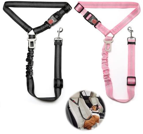 2 Stück Verstellbarer Hundegurt fürs Auto, Sicherheitsgurt Hunde mit Ruckdämpfer Elastisch, Hunde Sicherheitsgurt Auto für Kleine Mittelgroße große Hunde und Alle Autotypen, Schwarz + Rosa