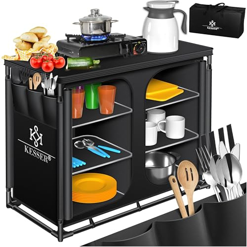 KESSER® Campingküche | Inkl. Tragetasche | Campingschrank Faltschrank | mit Aluminiumgestell | Reiseküche | Küchenbox | Zeltschrank | Outdoor Camping Küche | Schwarz/Schwarz | Typ F6