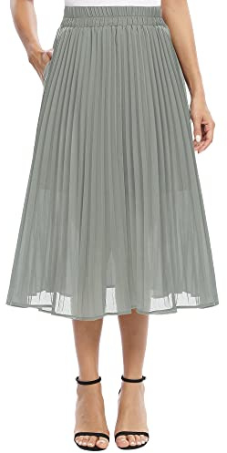 EXCHIC Damen Fließender Chiffon Elastisch Taille Midi Rock Freizeit A-Linie Knielange Falten Rock mit Tasche (XL, Dunkelgrau)