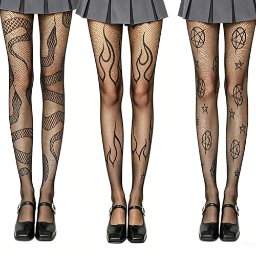 Yangshine 3 Paar Halloween Netzstrümpfe Schädel Spinnennetz Hohe Taille Mesh Strumpfhosen Strümpfe Schwarz Netzstrumpfhose Strumpfhosen für Frauen