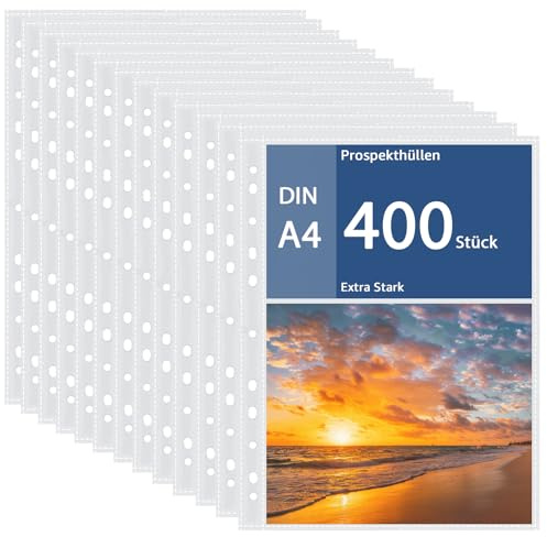 APACALI 400 Stück Klarsichthüllen A4 0.05mm Extra Stark für Dokumente | Klarsichtfolien mit Lochung, Oben Offen Klarsichthüllen glasklar, Sicht-Hüllen Plastikhülle