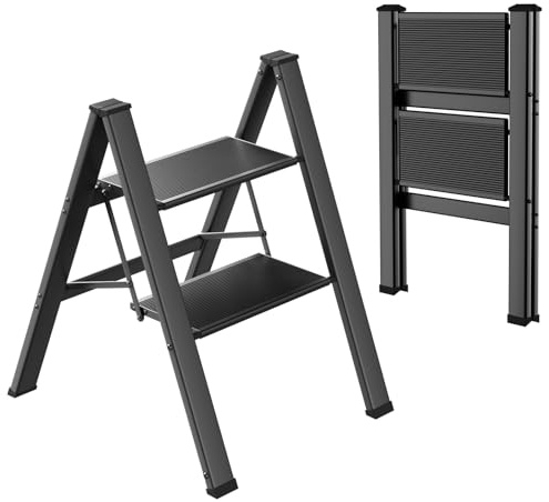 TLGREEN Alu Trittleiter 2-Stufen-Leiter Klappleiter Rostfeste rutschfeste Stehleiter Haushaltsleiter Multifunktionale Tritthocker Licht Platzsparend bis 150kg Belastbar für Küchen Haushalt Außen Büro