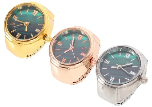 LIFKOME 3 Stück Fingeruhr Ringuhr aus Edelstahl und Glas Kleine Uhr in Roségold Gold und Silber Modischer Damenschmuck Kreative Mini Finger Ring Watches für Alltag und Party