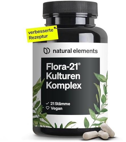 natural elements Flora 21® Kulturen Komplex – 21 Bakterienstämme + Bio Inulin – 180 magensaftresistente Kapseln – Laborgeprüft, vegan, hochdosiert und in Deutschland produziert