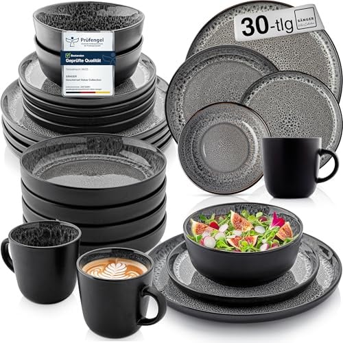 SÄNGER Sydney | Kombiservice 6 Personen, Teller Set Kaffeebecher Pastaschale 30 tlg, Steingut Geschirr Set spülmaschinen- mikrowellen- kratzfest, Geschirrset aus Steingut dunkel grau| VALUE COLLECTION