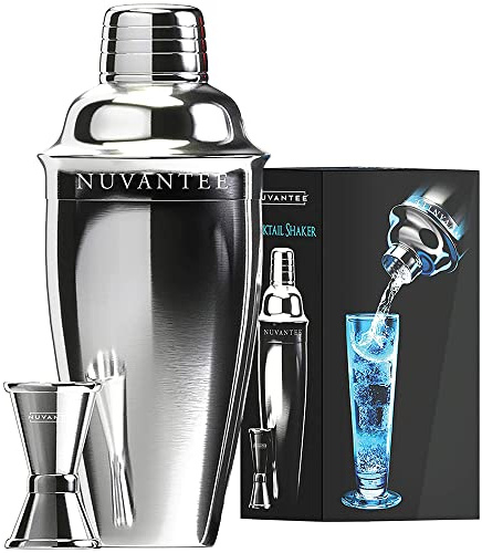 Nuvantee Cocktailshaker Set - Premium Bar Kit mit kostenlosem Messbecher - Cocktailrezepte - 0,7L Edelstahl Cocktail Shaker - Martinishaker, Mixer mit Sieb