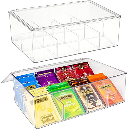 Puricon 2 Stück Teebox 16 Fächer, Stackable Teebeutel Teehalter mit Deckel, Tee Aufbewahrungsbox Teebeutelboxen aus Kunststoff, Luftdicht Teeaufbewahrung für Kaffeepads Organizer Box -Transparent