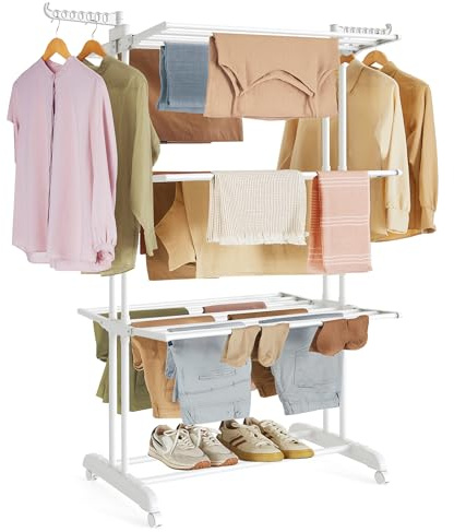 SONGMICS Wäscheständer, Standtrockner 4 Ebenen, Flügelwäscheständer, klappbare Flügel, mit Rollen, 63,5 x 128 x 173 cm, groß, einfacher Aufbau, wolkenweiß LLR701W03