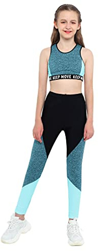 TiaoBug Mädchen Sport BH Jogginghose Sport Leggings Yoga Hose Trainingshose Sportlich Bustier ohne Bügel Yoga Fitness Training Bekleidung Set Grün Farbblock 122-128