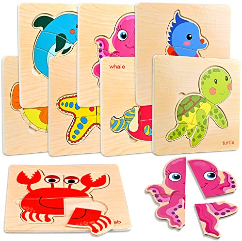 Faburo Holzpuzzle, 8St Holzpuzzle Montessori Spielzeug, Holzspielzeug ab 1 2 3 Jahren, Holzspielzeug Puzzle ab 2 3 4 Jahre, Steckpuzzle Geschenk Meerestiere Holzpuzzle Puzzle für Baby und Kleinkind
