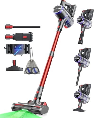 VACTechPro 55000Pa/600W/70Min Akku Staubsauger Kabellos, 1.6L Akkustaubsauger mit 8-Schicht-Filterung, Super Leise Kabelloser Staubsauger mit Anti-Tangle Bodenbürste für Hartböden, Rot