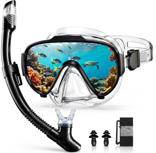Arlierss Schnorchelset Erwachsene, Schnorcheln Set mit Schnorchel und Taucherbrille für Herren Damen, Tauchermaske 180° Panorama HD Gehärtetes Glas Anti-Fog Anti-Leck, Premium Dry Schnorchel