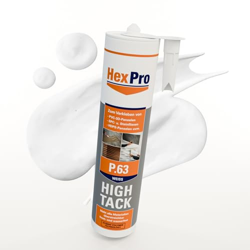 HexPro Polymer Montagekleber extra stark (7 Kartuschen P63 Weiß) Profi Kraftklebstoff Innen Außen - überstreichbar wasserfest UV-beständig elastisch für helle Akustikpaneele Filz
