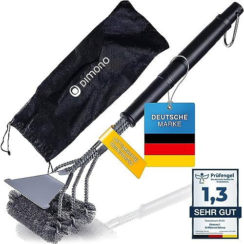 DIMONO® Grillbürste Edelstahl mit Schaber 45cm 3-in-1 Rost Reinigung | Löst blitzschnell hartnäckigen Schmutz, 360° Rundum-Borsten für jeden Grillrost, das robuste BBQ und Gasgrill Zubehör