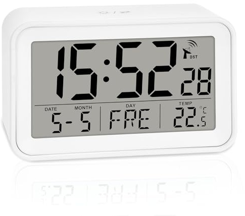 ADE Digitaler Funkwecker mit Licht | Wecker mit Temperaturanzeige und Kalender | kompakter Reisewecker | hübsches matt weißes Gehäuse | mit Batterie